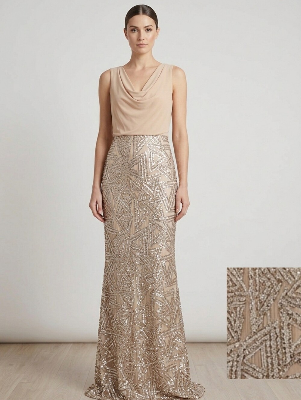 Calvin Klein Women's Sequined Champagne Evening Cowl Neck Formal Gown Size 8